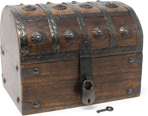 Nautical Cove Keepsake Wooden Treasure Chest with Antique Jewelry Lock and Key - Decorative Box, Pirate Wooden, Wood Box with Lid, Rustic Storage Chest - 1