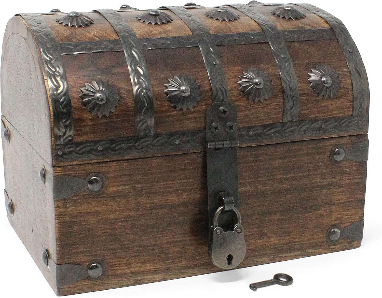 Nautical Cove Keepsake Wooden Treasure Chest with Antique Jewelry Lock and Key - Decorative Box, Pirate Wooden, Wood Box with Lid, Rustic Storage Chest - 1