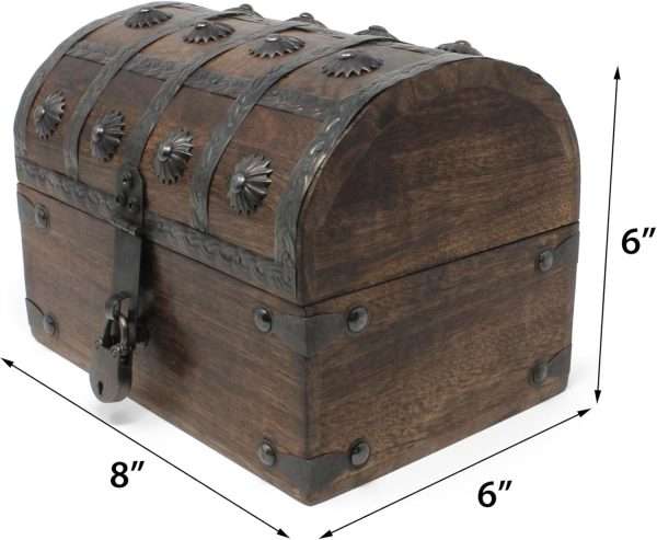 Nautical Cove Keepsake Wooden Treasure Chest with Antique Jewelry Lock and Key - Decorative Box, Pirate Wooden, Wood Box with Lid, Rustic Storage Chest - 4