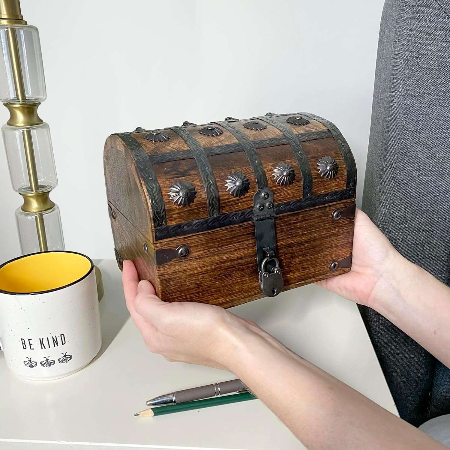 Nautical Cove Keepsake Wooden Treasure Chest with Antique Jewelry Lock and Key - Decorative Box, Pirate Wooden, Wood Box with Lid, Rustic Storage Chest - 6