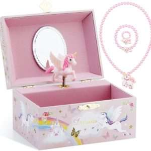 RR ROUND RICH DESIGN Musical Jewelry Glitter Storage Box and Jewelry Set for Little Girls with Spinning Unicorn and Rainbow - Over the Waves Tune Pink - 1