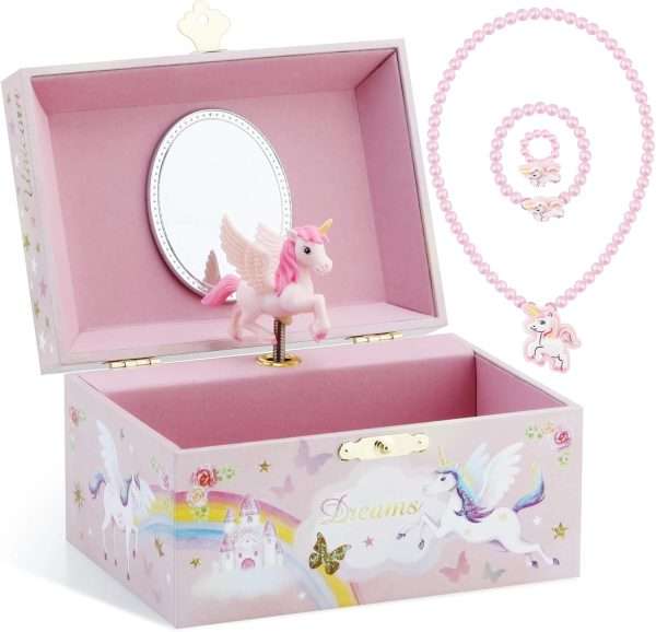RR ROUND RICH DESIGN Musical Jewelry Glitter Storage Box and Jewelry Set for Little Girls with Spinning Unicorn and Rainbow - Over the Waves Tune Pink - 1