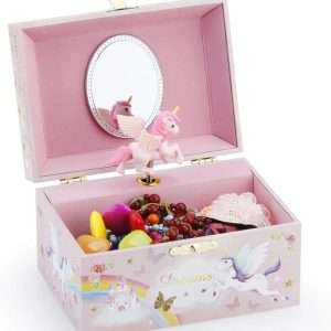 RR ROUND RICH DESIGN Musical Jewelry Glitter Storage Box and Jewelry Set for Little Girls with Spinning Unicorn and Rainbow - Over the Waves Tune Pink - 3