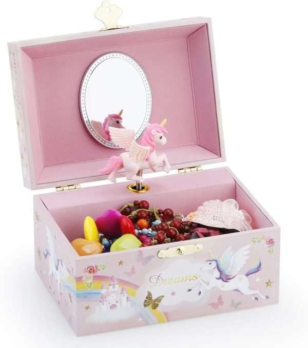 RR ROUND RICH DESIGN Musical Jewelry Glitter Storage Box and Jewelry Set for Little Girls with Spinning Unicorn and Rainbow - Over the Waves Tune Pink - 3