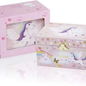 RR ROUND RICH DESIGN Musical Jewelry Glitter Storage Box and Jewelry Set for Little Girls with Spinning Unicorn and Rainbow - Over the Waves Tune Pink - 6