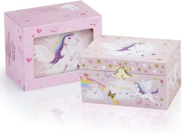 RR ROUND RICH DESIGN Musical Jewelry Glitter Storage Box and Jewelry Set for Little Girls with Spinning Unicorn and Rainbow - Over the Waves Tune Pink - 6