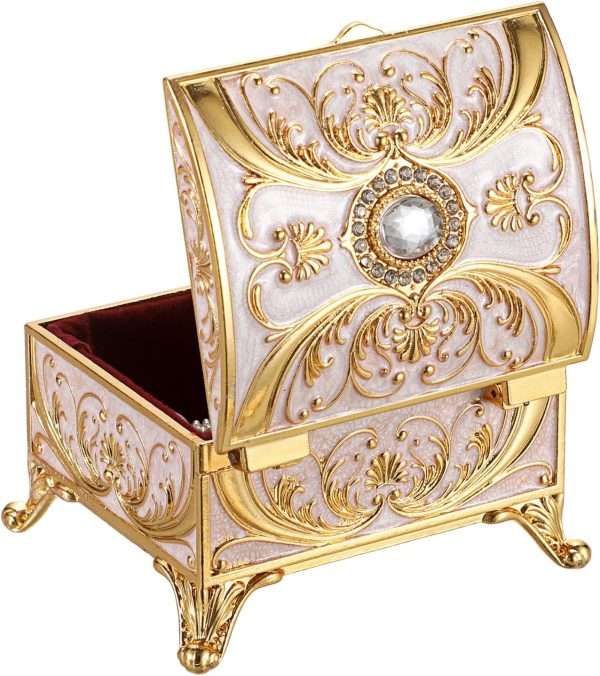 Small Jewelry Box Treasure Box Vinatge Enamel Trinket Organzier Hand Painted Jewelry Chest Case Golded Metal Jewelry Keepsake Box for Earrings Rings Gift for Christmas Wedding,Beige - 1