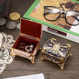 Small Jewelry Box Treasure Box Vinatge Enamel Trinket Organzier Hand Painted Jewelry Chest Case Golded Metal Jewelry Keepsake Box for Earrings Rings Gift for Christmas Wedding,Beige - 3