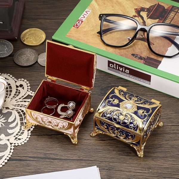 Small Jewelry Box Treasure Box Vinatge Enamel Trinket Organzier Hand Painted Jewelry Chest Case Golded Metal Jewelry Keepsake Box for Earrings Rings Gift for Christmas Wedding,Beige - 3