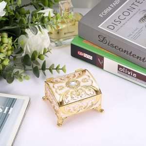 Small Jewelry Box Treasure Box Vinatge Enamel Trinket Organzier Hand Painted Jewelry Chest Case Golded Metal Jewelry Keepsake Box for Earrings Rings Gift for Christmas Wedding,Beige - 4