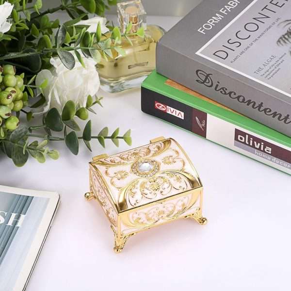 Small Jewelry Box Treasure Box Vinatge Enamel Trinket Organzier Hand Painted Jewelry Chest Case Golded Metal Jewelry Keepsake Box for Earrings Rings Gift for Christmas Wedding,Beige - 4