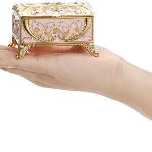 Small Jewelry Box Treasure Box Vinatge Enamel Trinket Organzier Hand Painted Jewelry Chest Case Golded Metal Jewelry Keepsake Box for Earrings Rings Gift for Christmas Wedding,Beige - 5