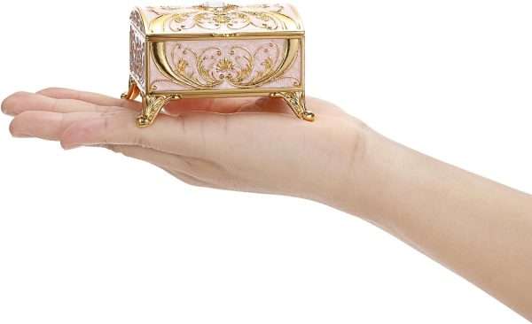 Small Jewelry Box Treasure Box Vinatge Enamel Trinket Organzier Hand Painted Jewelry Chest Case Golded Metal Jewelry Keepsake Box for Earrings Rings Gift for Christmas Wedding,Beige - 5