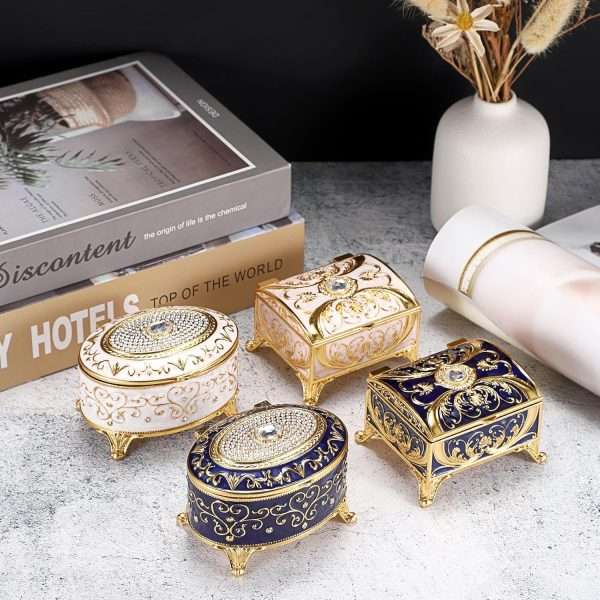 Small Jewelry Box Treasure Box Vinatge Enamel Trinket Organzier Hand Painted Jewelry Chest Case Golded Metal Jewelry Keepsake Box for Earrings Rings Gift for Christmas Wedding,Beige - 6