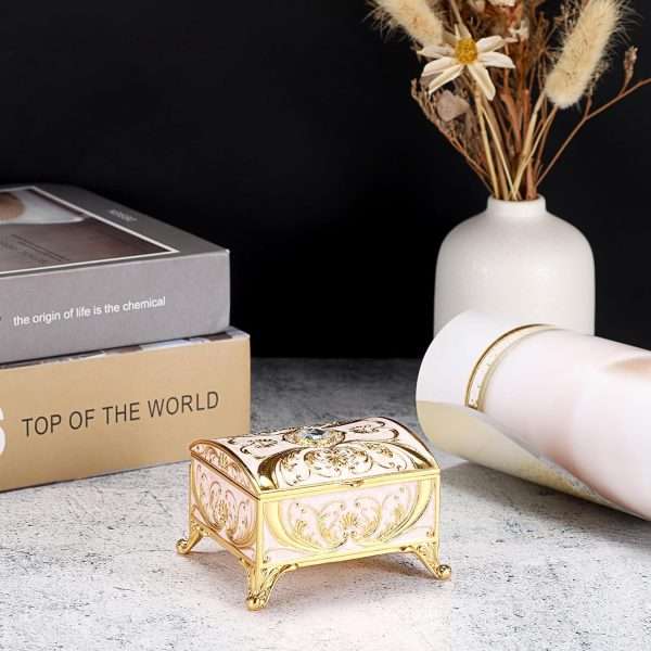 Small Jewelry Box Treasure Box Vinatge Enamel Trinket Organzier Hand Painted Jewelry Chest Case Golded Metal Jewelry Keepsake Box for Earrings Rings Gift for Christmas Wedding,Beige - 7