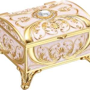 Small Jewelry Box Treasure Box Vinatge Enamel Trinket Organzier Hand Painted Jewelry Chest Case Golded Metal Jewelry Keepsake Box for Earrings Rings Gift for Christmas Wedding,Beige - 8