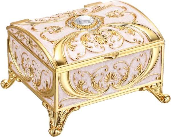 Small Jewelry Box Treasure Box Vinatge Enamel Trinket Organzier Hand Painted Jewelry Chest Case Golded Metal Jewelry Keepsake Box for Earrings Rings Gift for Christmas Wedding,Beige - 8