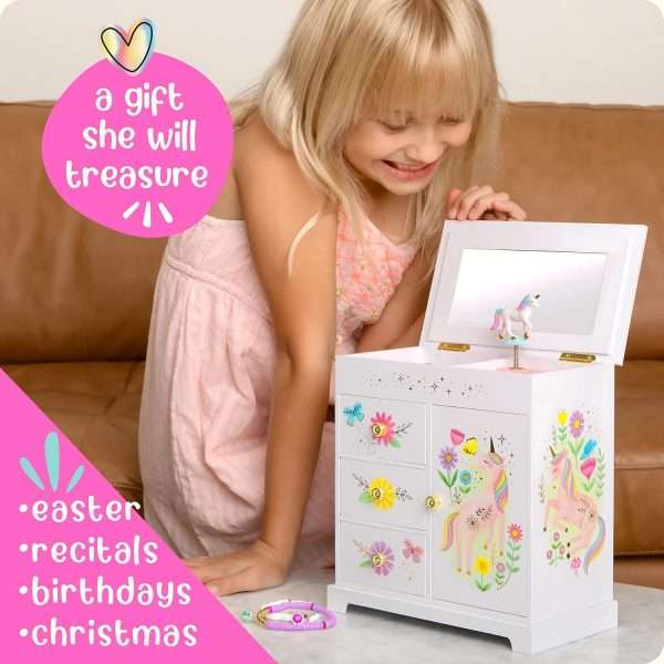 Unicorn Musical Jewelry Box for Girls - Unicorn Toys for Girls Age 4-6 - Kids Jewelry Box with Drawers - 9 x 5 x 9.3 in - 2