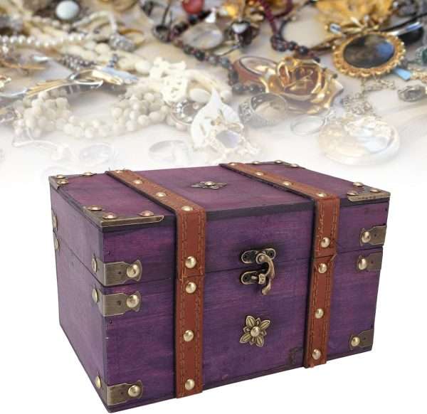Vintage Treasure Chest Box, Wooden Jewelry Storage Box with Leather & Metal Accents, Decorative Retro Trunk for Home Bedroom Gifts - 6