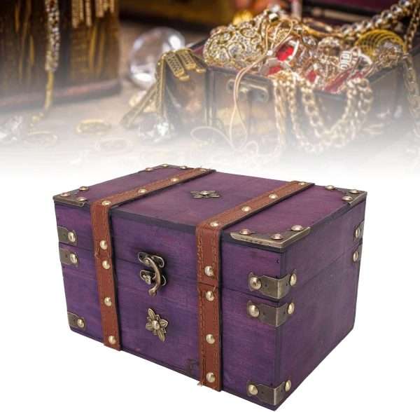 Vintage Treasure Chest Box, Wooden Jewelry Storage Box with Leather & Metal Accents, Decorative Retro Trunk for Home Bedroom Gifts - 8