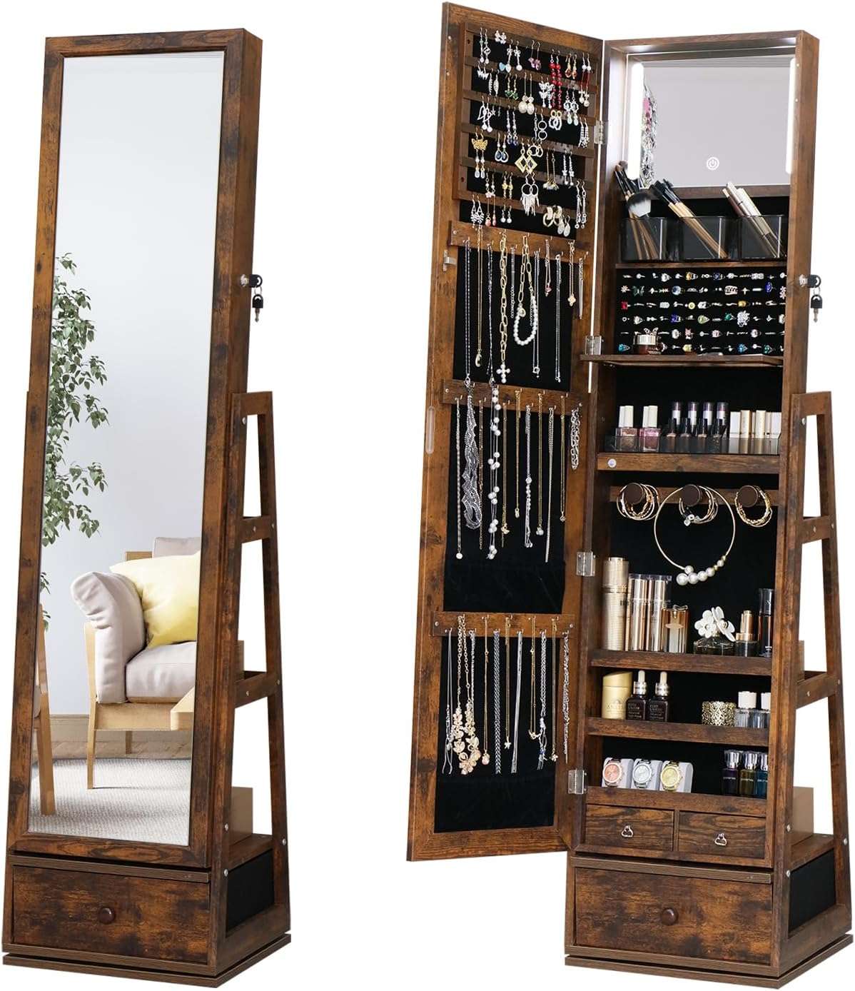 360 Swivel Full Length Mirror Jewelry Cabinet - Standing Armoire With Built-In Mirror & 3 Lockable Drawers - Perfect for Her - 1