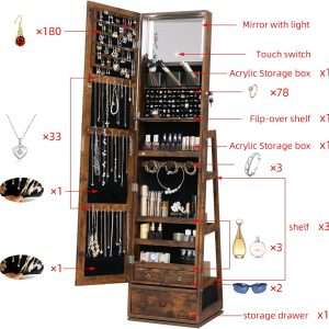 360 Swivel Full Length Mirror Jewelry Cabinet - Standing Armoire With Built-In Mirror & 3 Lockable Drawers - Perfect for Her - 5
