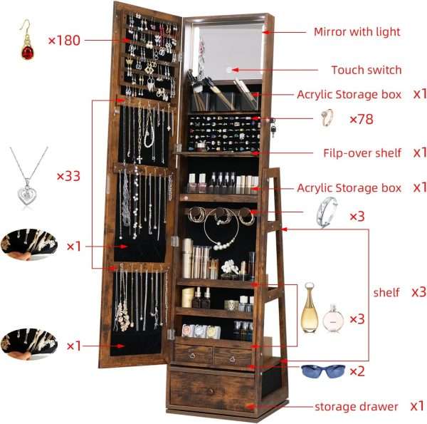 360 Swivel Full Length Mirror Jewelry Cabinet - Standing Armoire With Built-In Mirror & 3 Lockable Drawers - Perfect for Her - 5