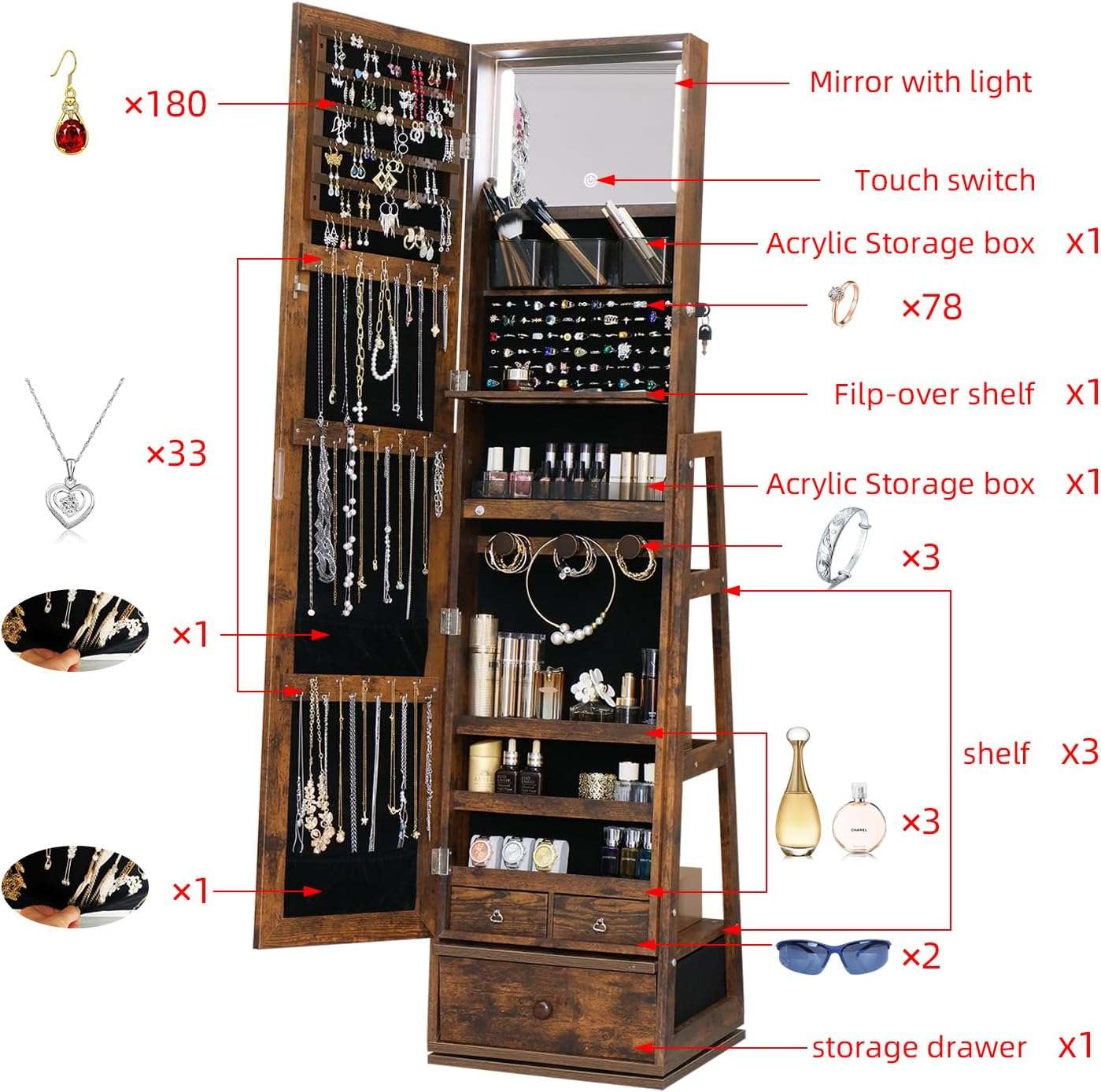360 Swivel Full Length Mirror Jewelry Cabinet - Standing Armoire With Built-In Mirror & 3 Lockable Drawers - Perfect for Her - 5