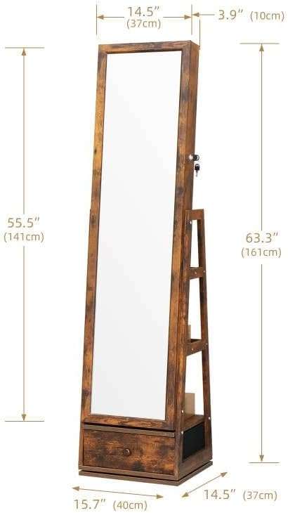 360 Swivel Full Length Mirror Jewelry Cabinet - Standing Armoire With Built-In Mirror & 3 Lockable Drawers - Perfect for Her - 6
