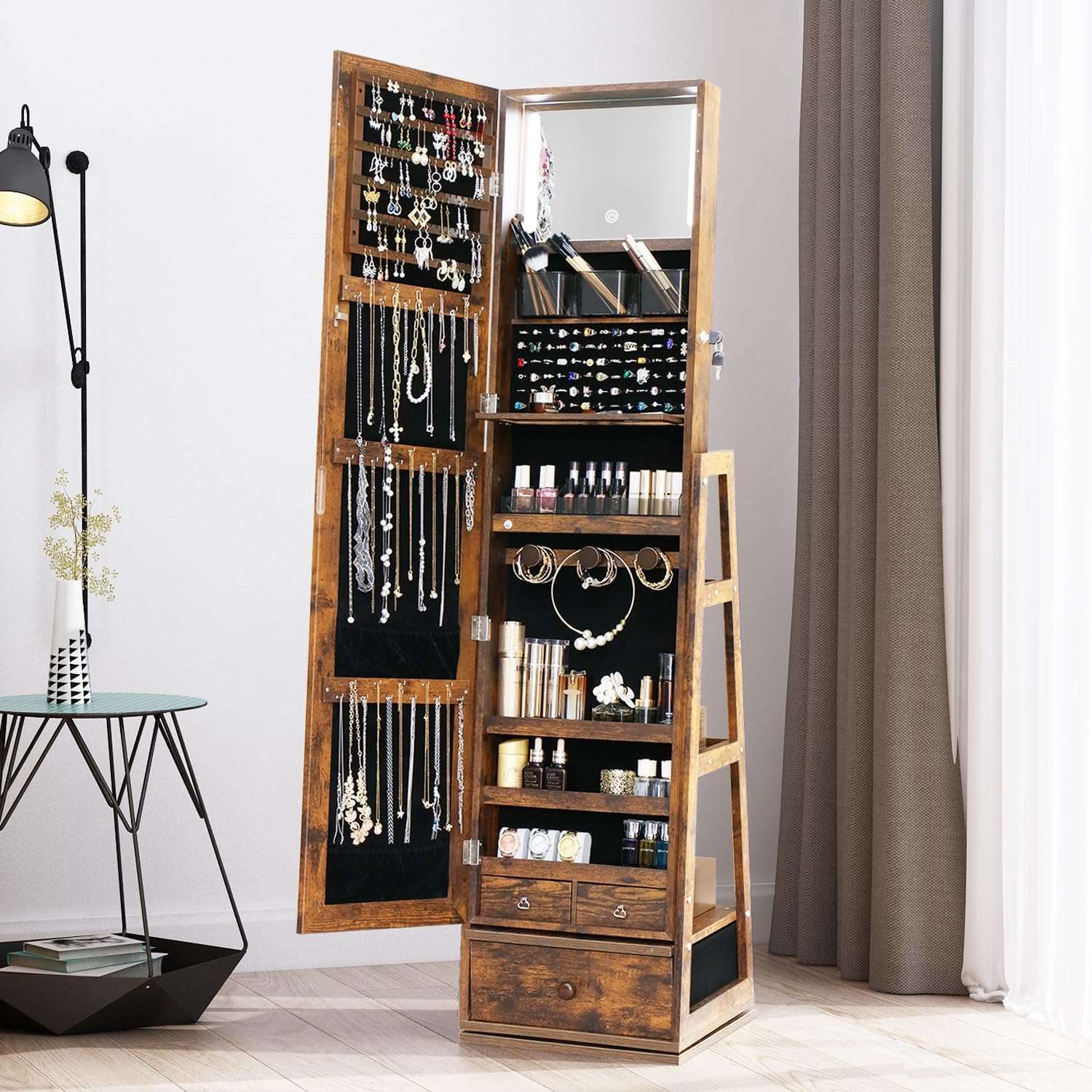 360 Swivel Full Length Mirror Jewelry Cabinet - Standing Armoire With Built-In Mirror & 3 Lockable Drawers - Perfect for Her - 7