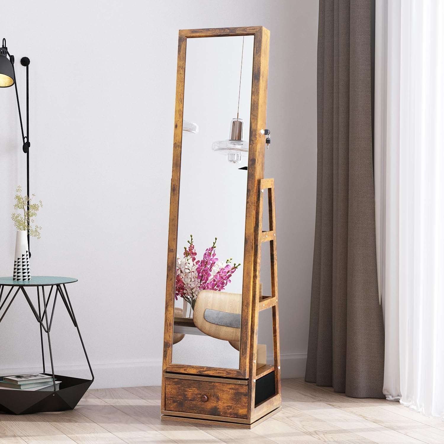 360 Swivel Full Length Mirror Jewelry Cabinet - Standing Armoire With Built-In Mirror & 3 Lockable Drawers - Perfect for Her - 8