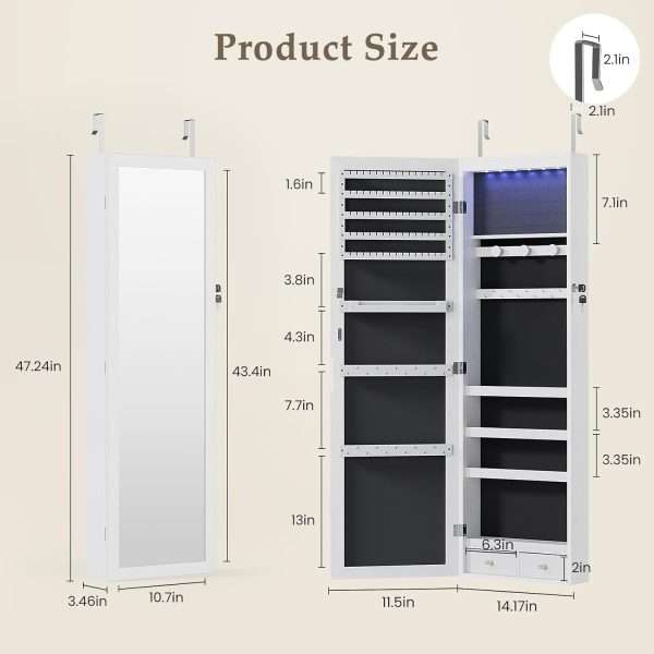 DUMOS 6 LEDs Mirror Jewelry Cabinet, Wall or Door Mounted Jewelry Organizer, 47.2-Inch Tall Lockable Large Capacity Cosmetic Storage, Gift Idea, White - 2