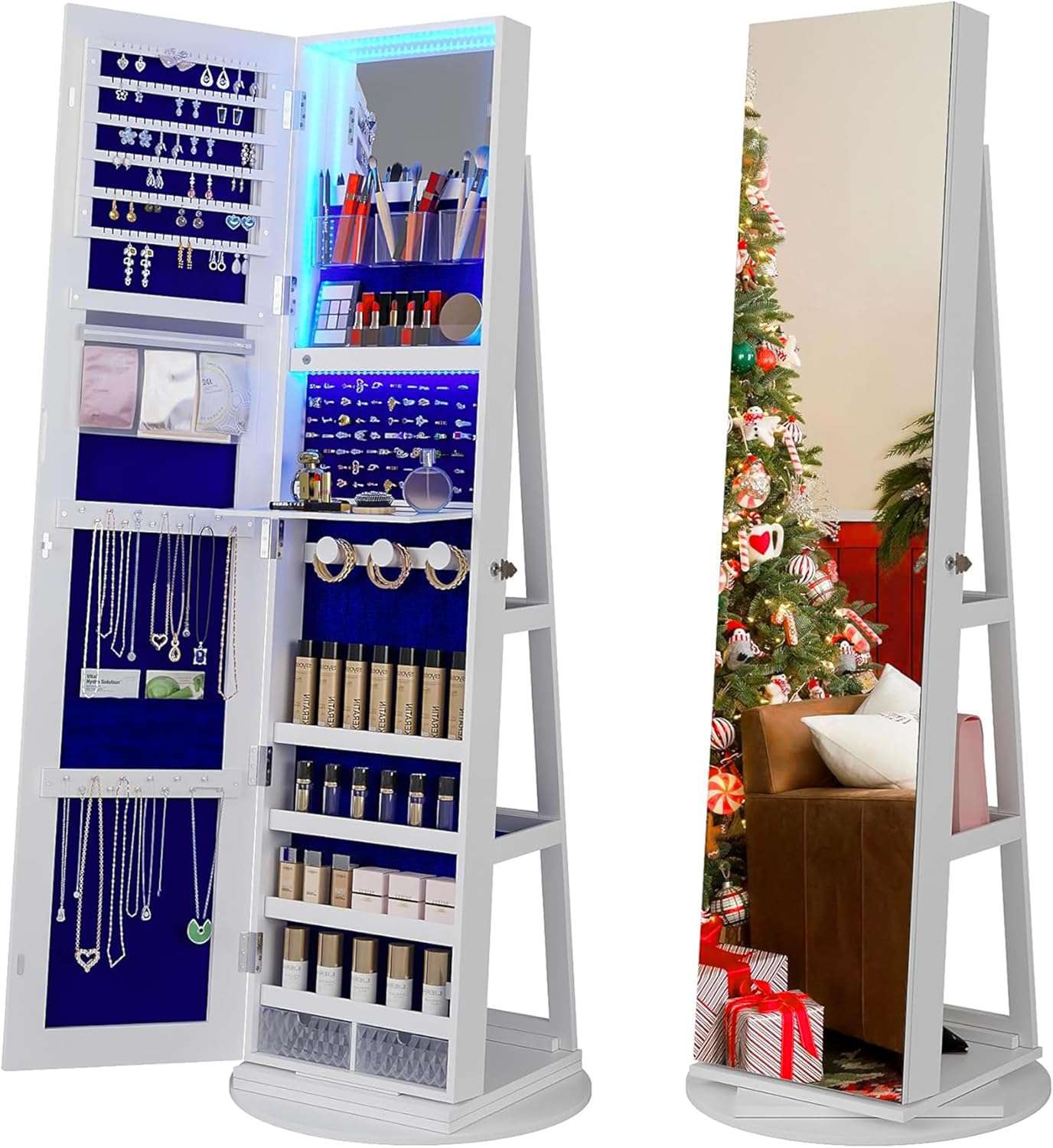 Full Length Mirror with Storage, 61 Mirror Jewelry Cabinet Standing, Rotating Jewelry Mirror Organizer Full Length, Lockable Jewelry Armoires with Velvet Lining for Women Gift - 1