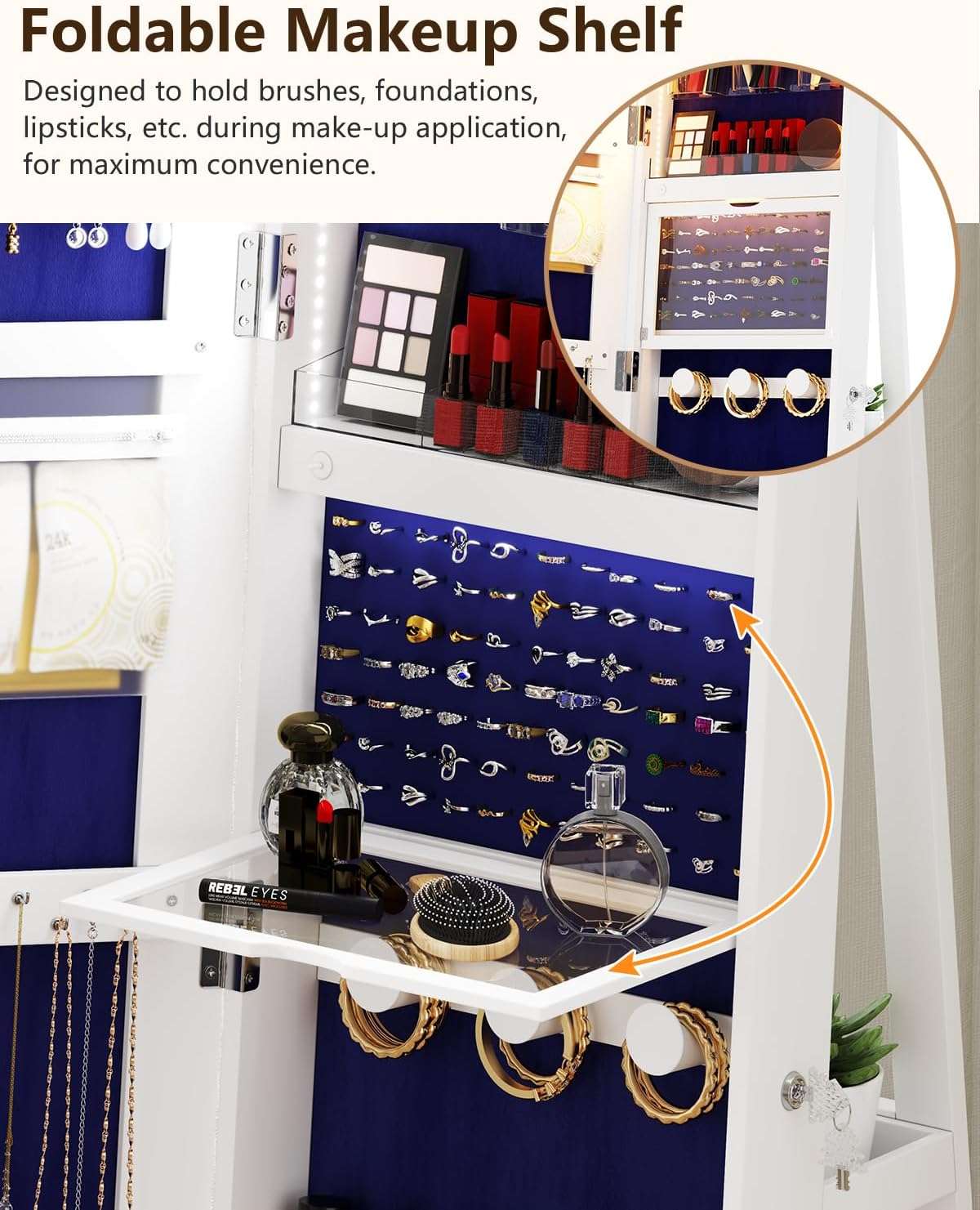 Full Length Mirror with Storage, 61 Mirror Jewelry Cabinet Standing, Rotating Jewelry Mirror Organizer Full Length, Lockable Jewelry Armoires with Velvet Lining for Women Gift - 4