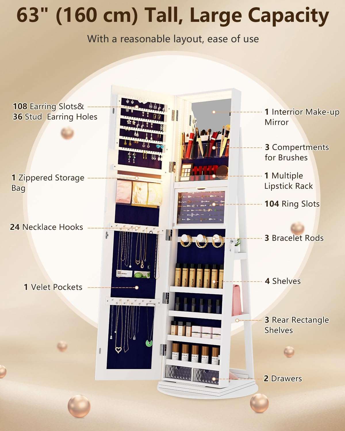 Full Length Mirror with Storage, 61 Mirror Jewelry Cabinet Standing, Rotating Jewelry Mirror Organizer Full Length, Lockable Jewelry Armoires with Velvet Lining for Women Gift - 7