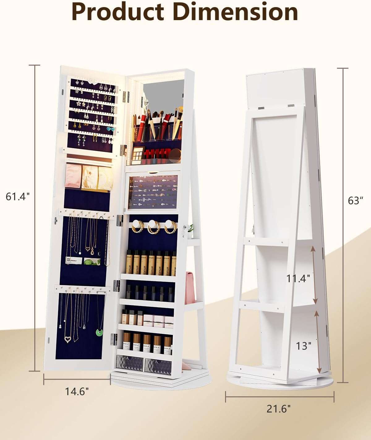 Full Length Mirror with Storage, 61 Mirror Jewelry Cabinet Standing, Rotating Jewelry Mirror Organizer Full Length, Lockable Jewelry Armoires with Velvet Lining for Women Gift - 8