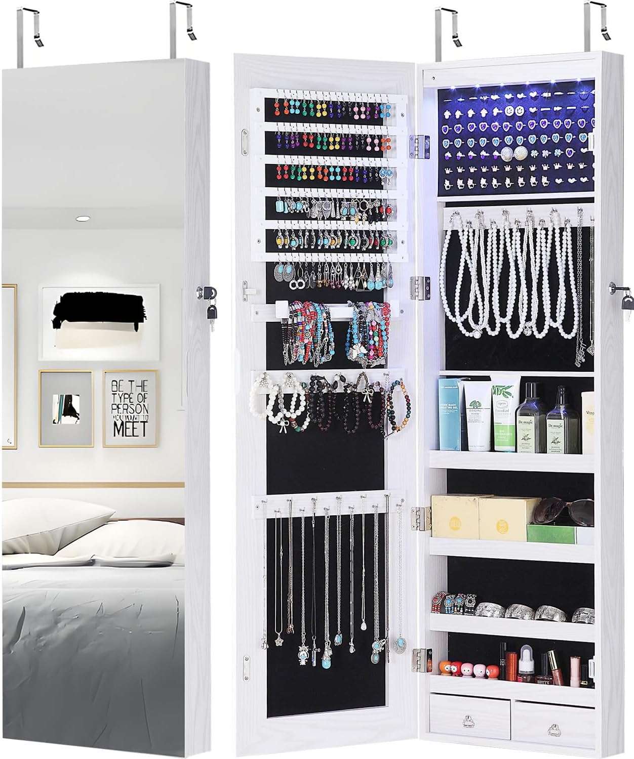 GISSAR Full Length Mirror Jewelry Cabinet, 6 LEDs Jewelry Armoire Wall Mounted Over The Door Hanging, Jewelry Organizer Storage with Lights Lockable White - 1