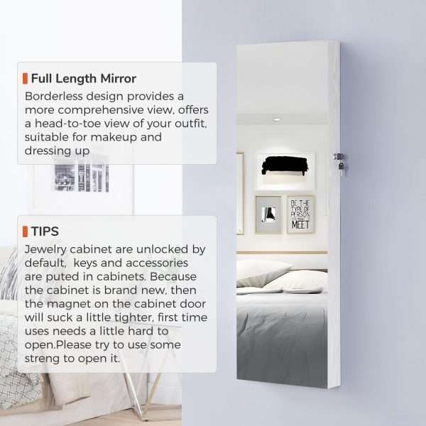 GISSAR Full Length Mirror Jewelry Cabinet, 6 LEDs Jewelry Armoire Wall Mounted Over The Door Hanging, Jewelry Organizer Storage with Lights Lockable White - 2