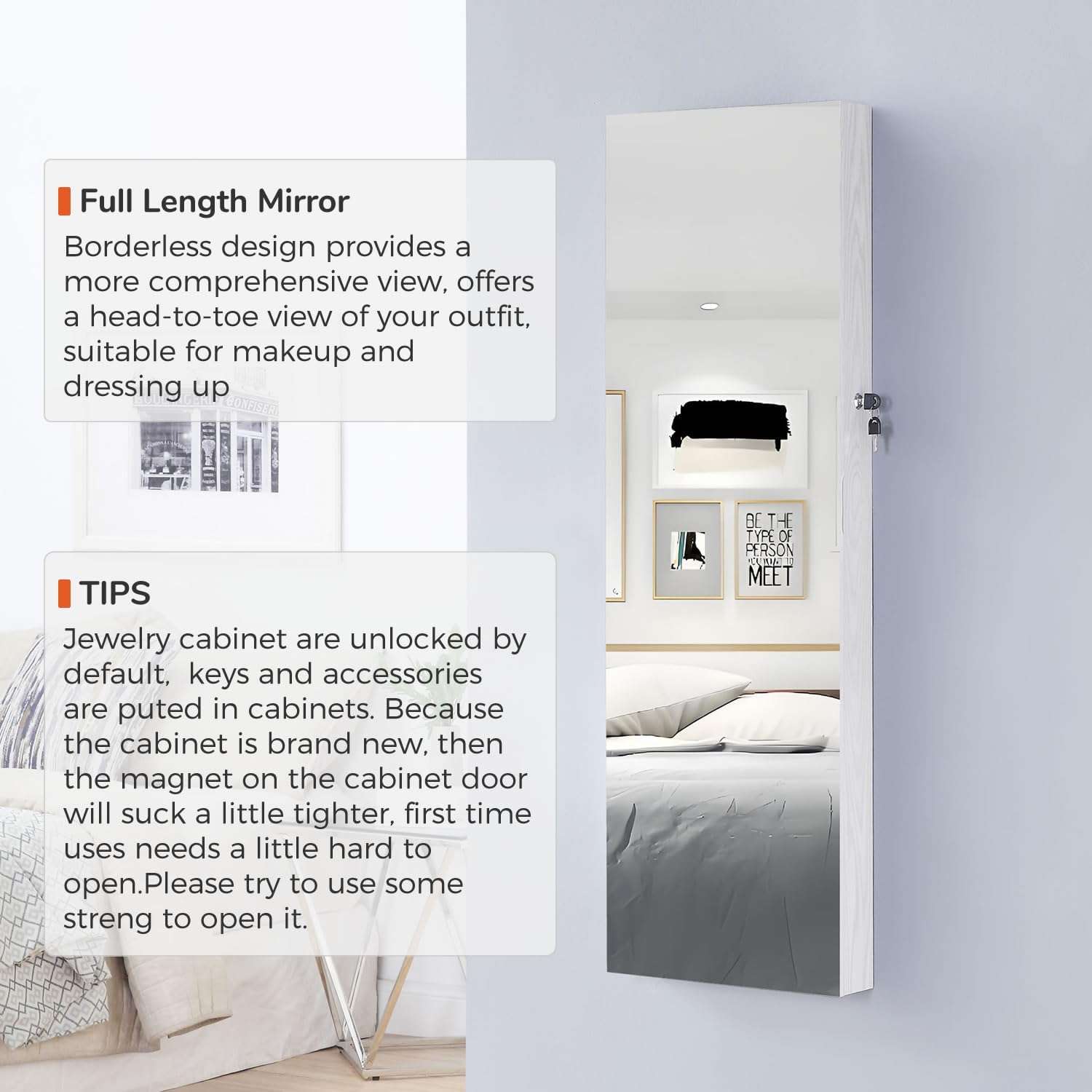 GISSAR Full Length Mirror Jewelry Cabinet, 6 LEDs Jewelry Armoire Wall Mounted Over The Door Hanging, Jewelry Organizer Storage with Lights Lockable White - 2