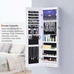 GISSAR Full Length Mirror Jewelry Cabinet, 6 LEDs Jewelry Armoire Wall Mounted Over The Door Hanging, Jewelry Organizer Storage with Lights Lockable White - 3