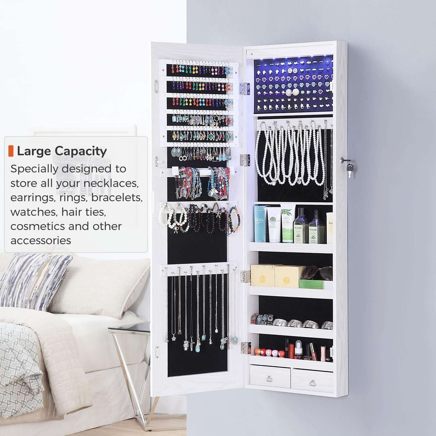 GISSAR Full Length Mirror Jewelry Cabinet, 6 LEDs Jewelry Armoire Wall Mounted Over The Door Hanging, Jewelry Organizer Storage with Lights Lockable White - 3