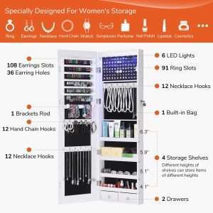 GISSAR Full Length Mirror Jewelry Cabinet, 6 LEDs Jewelry Armoire Wall Mounted Over The Door Hanging, Jewelry Organizer Storage with Lights Lockable White - 4