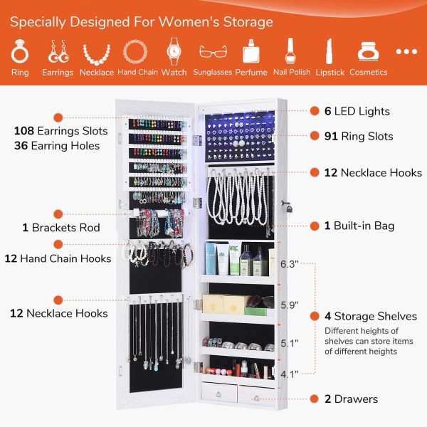 GISSAR Full Length Mirror Jewelry Cabinet, 6 LEDs Jewelry Armoire Wall Mounted Over The Door Hanging, Jewelry Organizer Storage with Lights Lockable White - 4