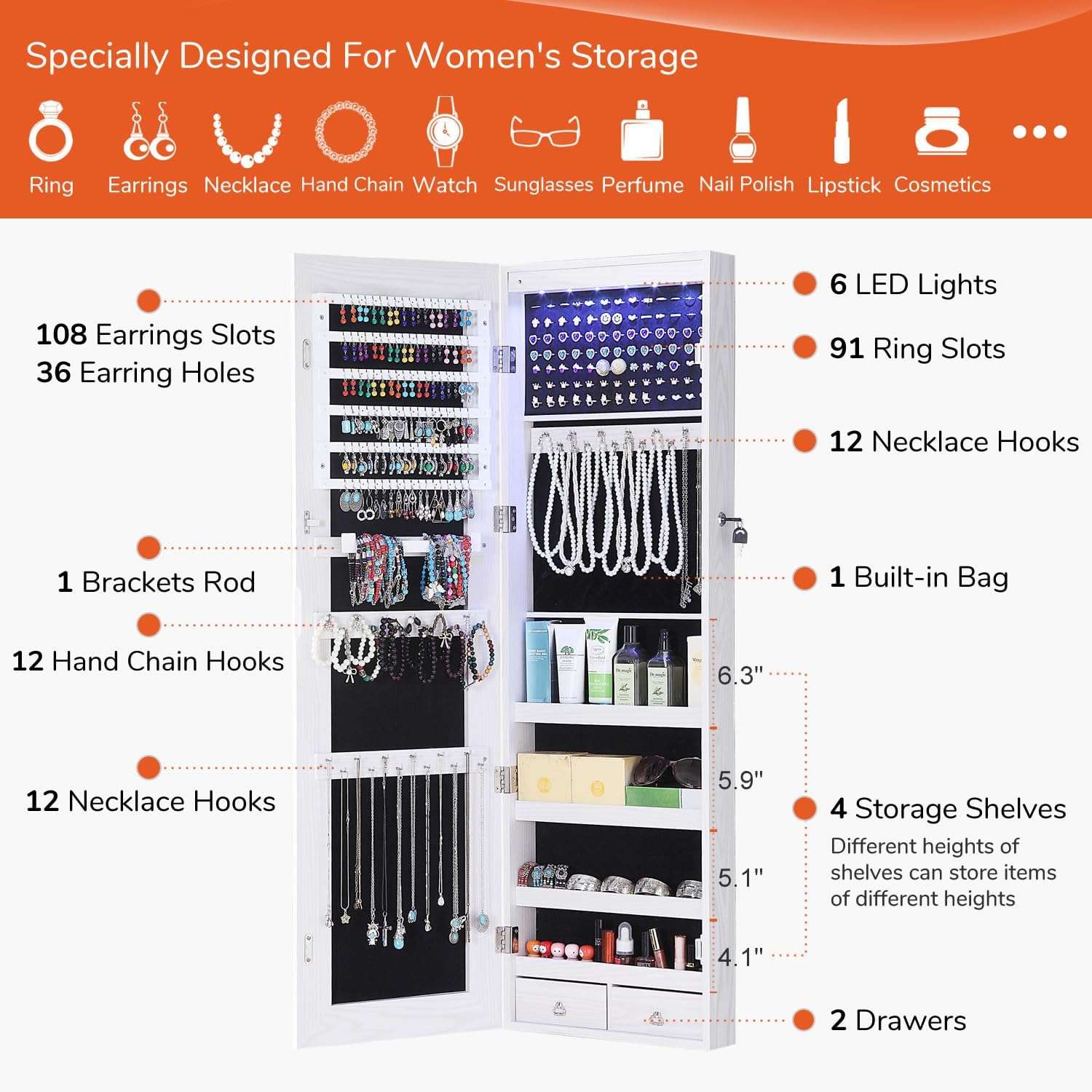 GISSAR Full Length Mirror Jewelry Cabinet, 6 LEDs Jewelry Armoire Wall Mounted Over The Door Hanging, Jewelry Organizer Storage with Lights Lockable White - 4