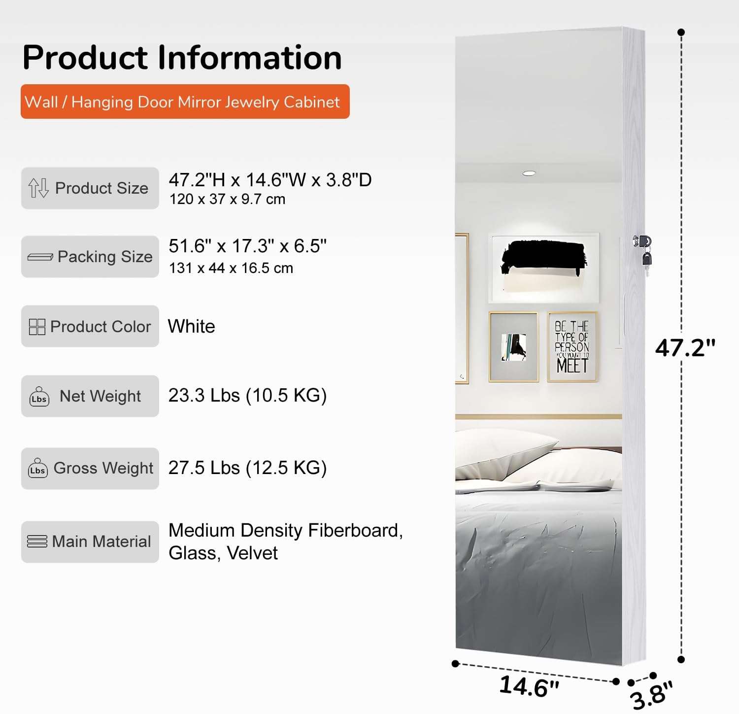 GISSAR Full Length Mirror Jewelry Cabinet, 6 LEDs Jewelry Armoire Wall Mounted Over The Door Hanging, Jewelry Organizer Storage with Lights Lockable White - 5