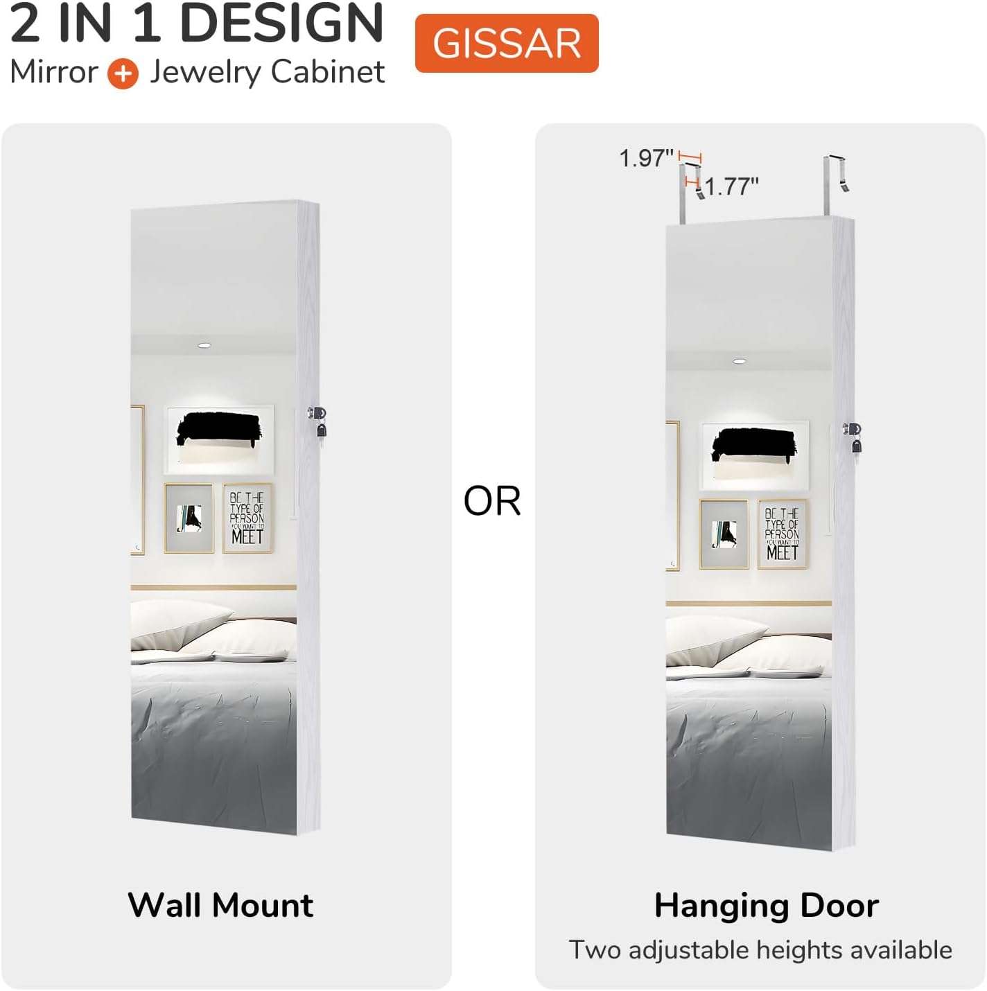 GISSAR Full Length Mirror Jewelry Cabinet, 6 LEDs Jewelry Armoire Wall Mounted Over The Door Hanging, Jewelry Organizer Storage with Lights Lockable White - 6