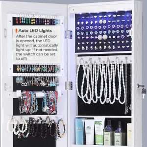 GISSAR Full Length Mirror Jewelry Cabinet, 6 LEDs Jewelry Armoire Wall Mounted Over The Door Hanging, Jewelry Organizer Storage with Lights Lockable White - 7