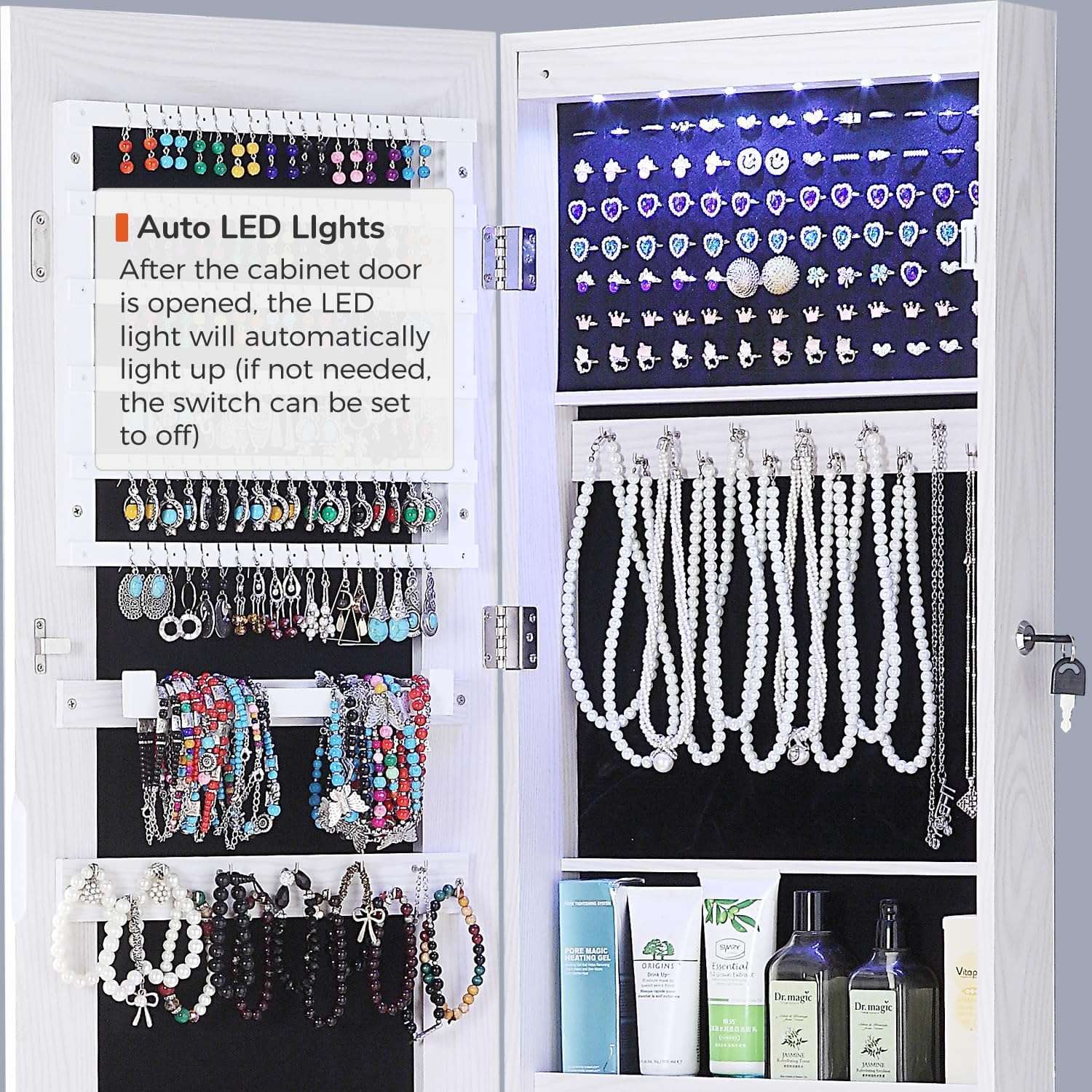 GISSAR Full Length Mirror Jewelry Cabinet, 6 LEDs Jewelry Armoire Wall Mounted Over The Door Hanging, Jewelry Organizer Storage with Lights Lockable White - 7