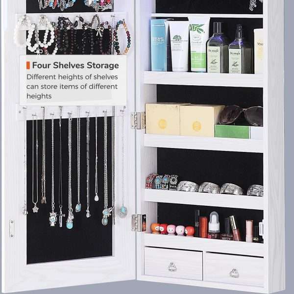 GISSAR Full Length Mirror Jewelry Cabinet, 6 LEDs Jewelry Armoire Wall Mounted Over The Door Hanging, Jewelry Organizer Storage with Lights Lockable White - 8