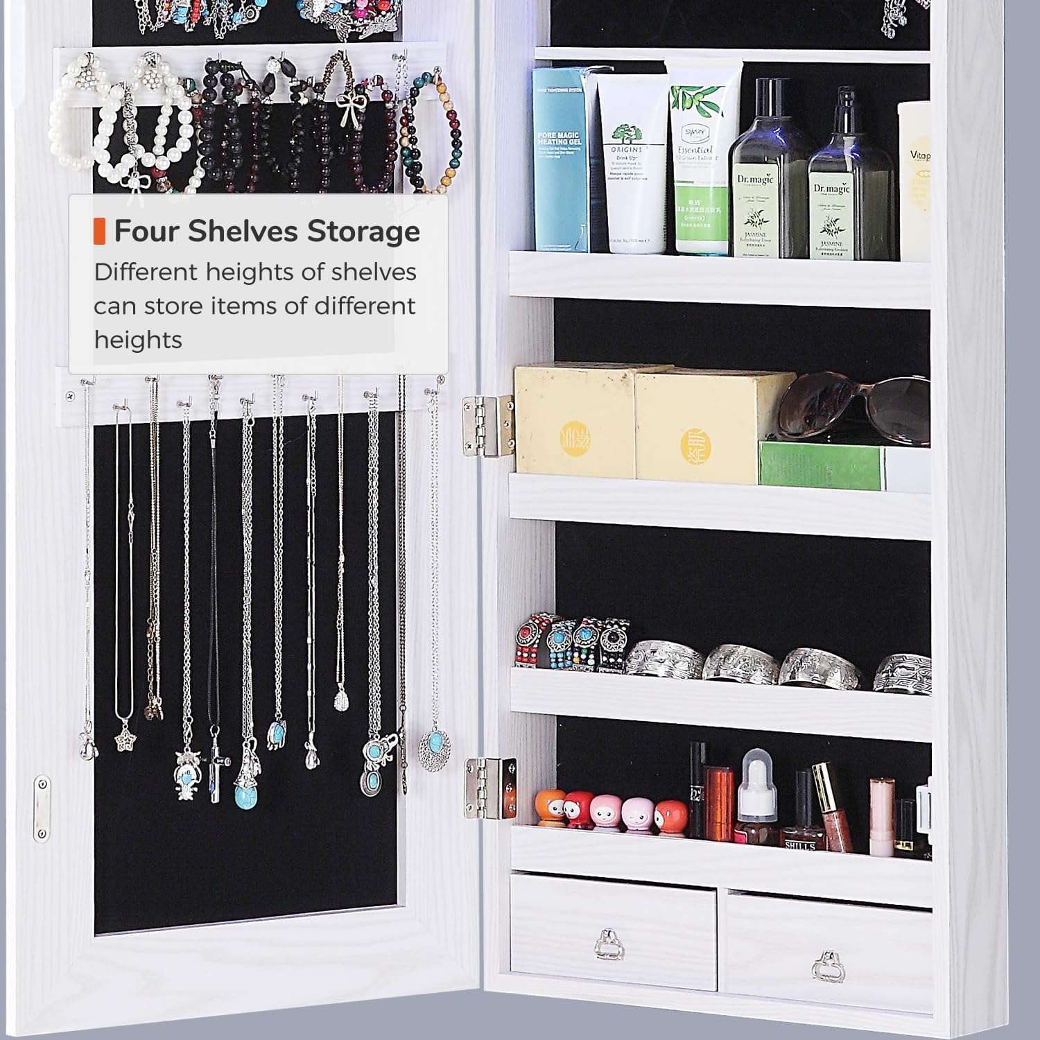 GISSAR Full Length Mirror Jewelry Cabinet, 6 LEDs Jewelry Armoire Wall Mounted Over The Door Hanging, Jewelry Organizer Storage with Lights Lockable White - 8